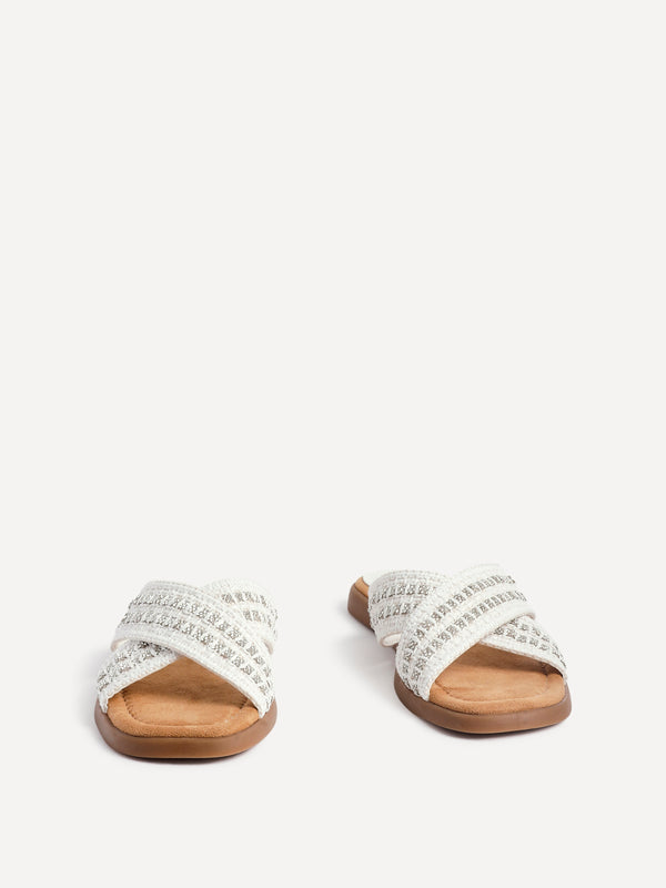 Linzi White Embellished Raffia Flat Slider Sandal