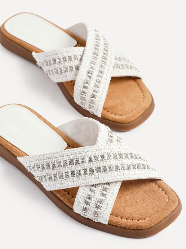 Linzi White Embellished Raffia Flat Slider Sandal