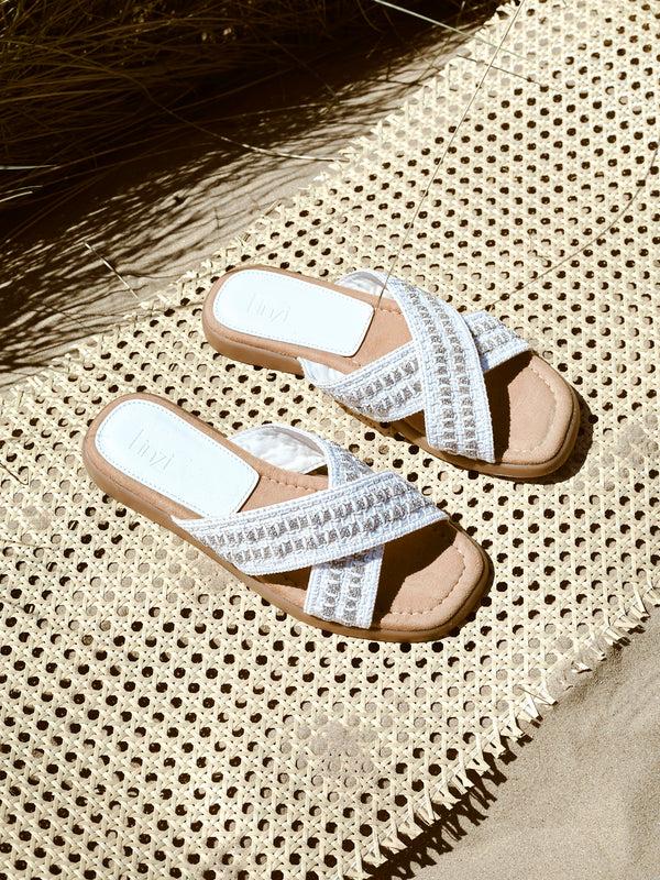 linzi White Embellished Raffia Flat Slider Sandal