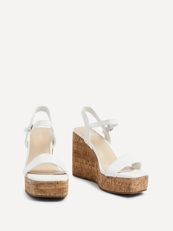 Linzi White Faux Leather Cork Wedge