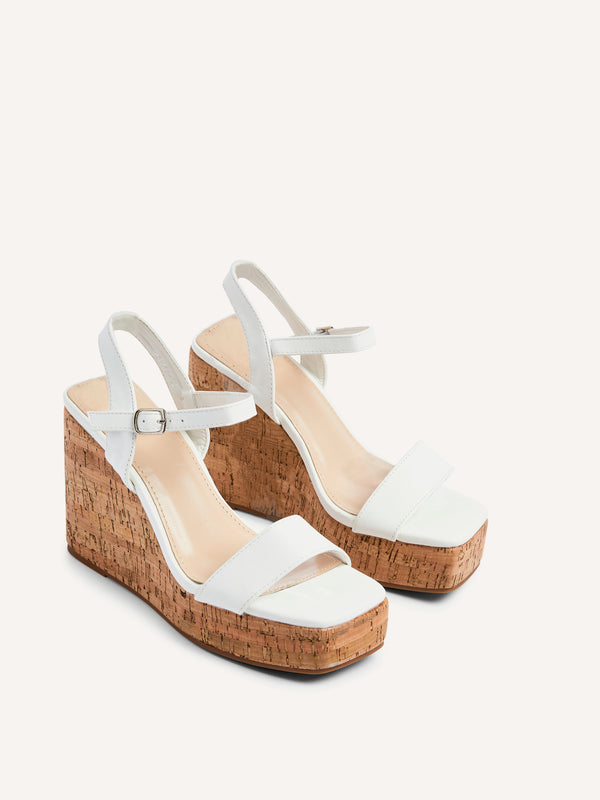 Linzi White Faux Leather Cork Wedge