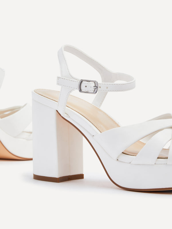 Linzi White Faux Leather Crossover Platform Heels