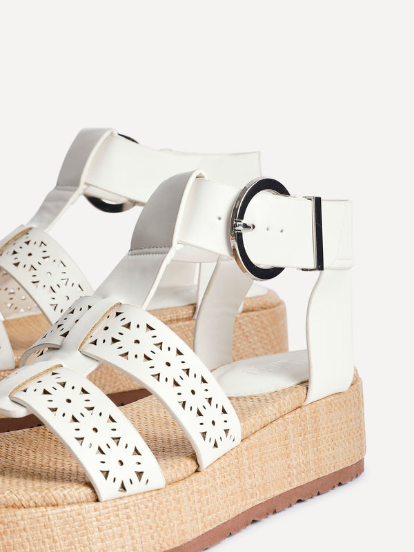 Linzi White Faux Leather Gladiator Flatform Sandal
