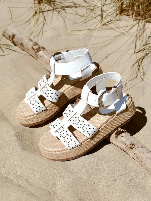 linzi White Faux Leather Gladiator Flatform Sandal