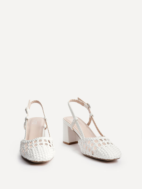 Linzi White Faux Leather Hand Woven Court Heels
