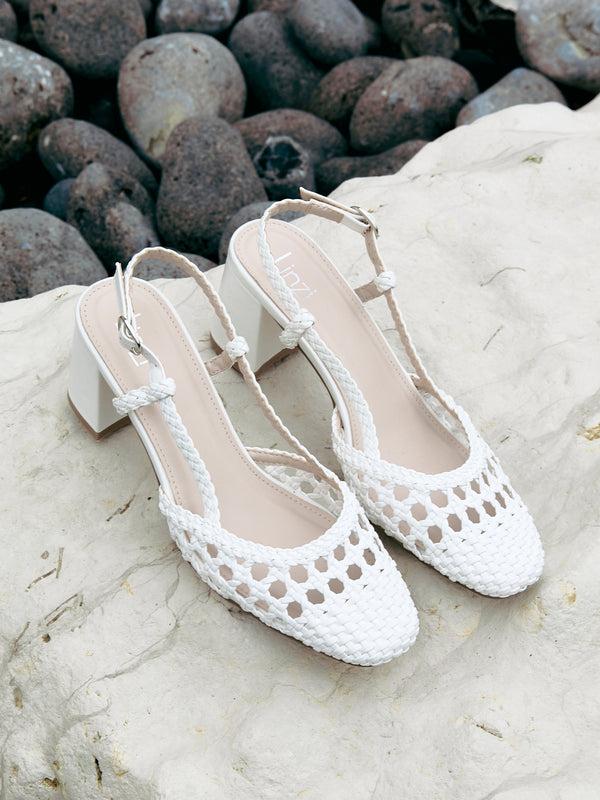 linzi White Faux Leather Hand Woven Court Heels