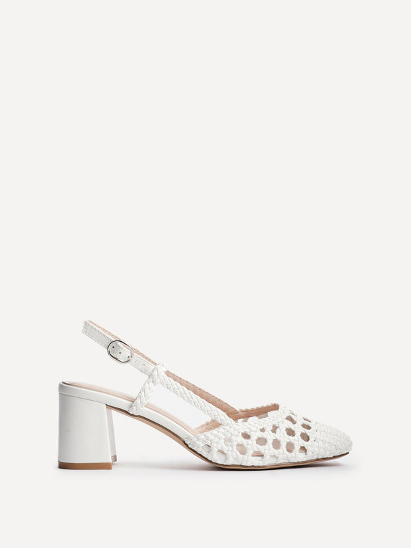 Linzi White Faux Leather Hand Woven Court Heels