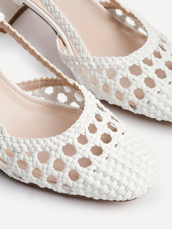Linzi White Faux Leather Hand Woven Court Heels