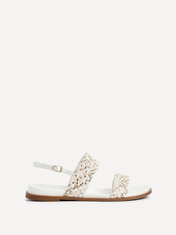 Linzi White Faux Leather Handwoven Flat Sandals