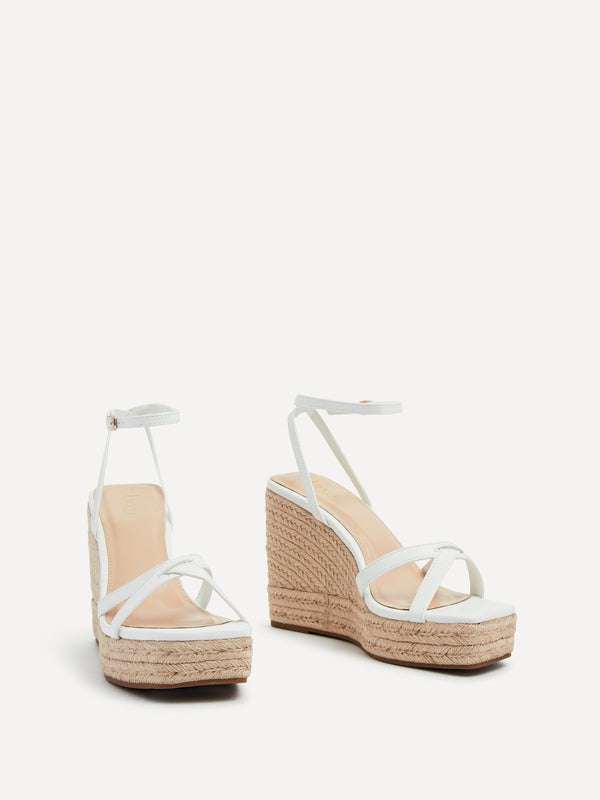 Linzi White Faux Leather Strappy Rope Wedge