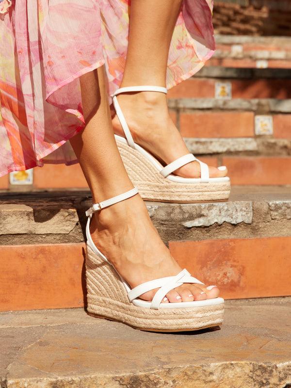 linzi White Faux Leather Strappy Rope Wedge