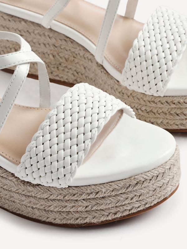 Linzi White Faux Leather Strappy Woven Wedge