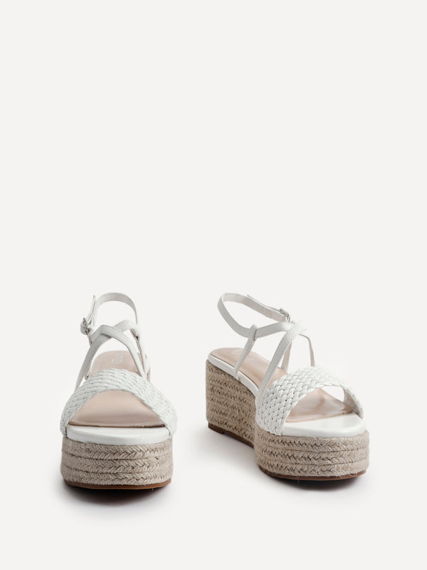 Linzi White Faux Leather Strappy Woven Wedge