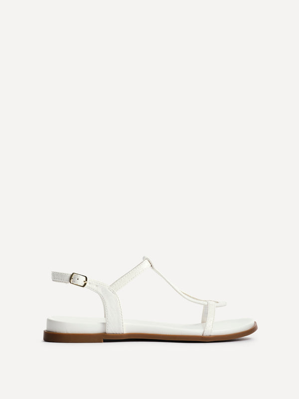 Linzi White Faux Leather Textured T-Bar Sandals