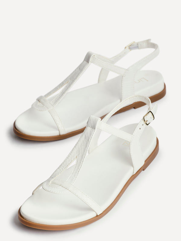 Linzi White Faux Leather Textured T-Bar Sandals