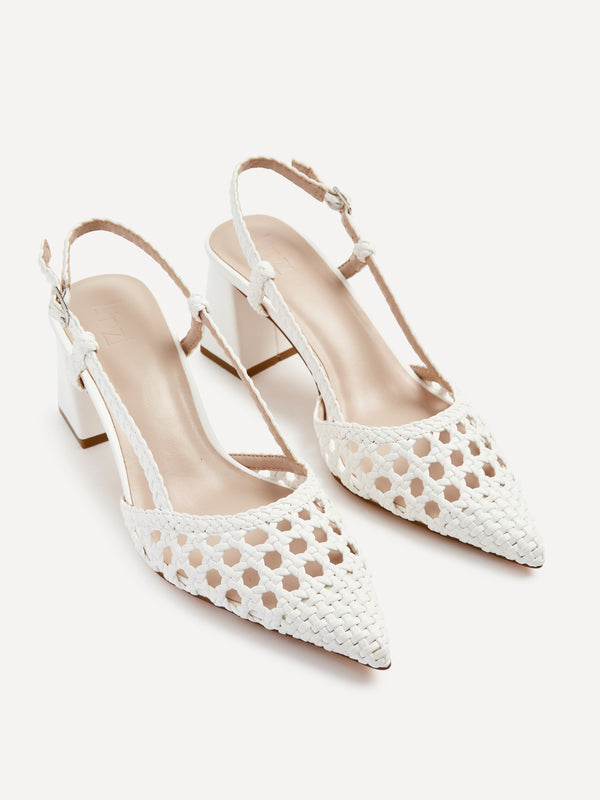 Linzi White Faux Leather Woven Block Court Heels