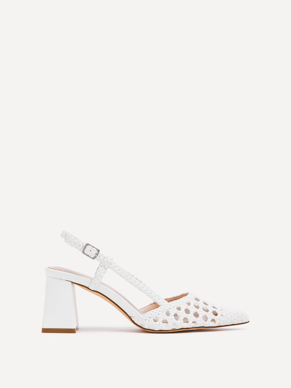 Linzi White Faux Leather Woven Block Court Heels