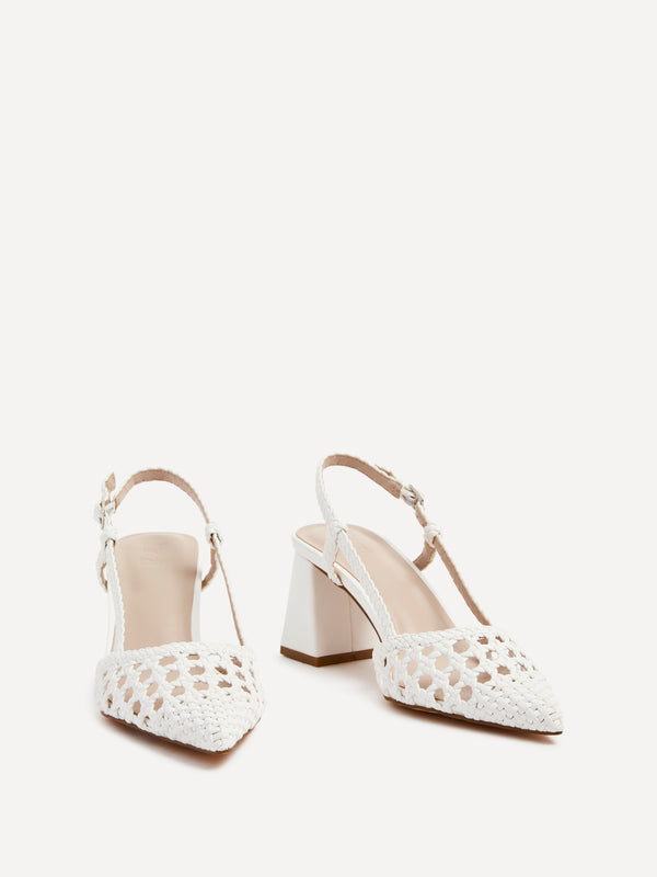 Linzi White Faux Leather Woven Block Court Heels
