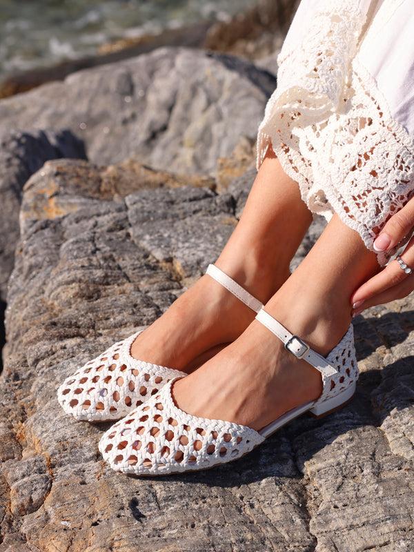 linzi White Faux Leather Woven Two Part Sandals