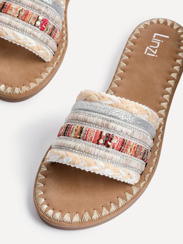 Linzi White Multi Woven Embellished Flat Sandals