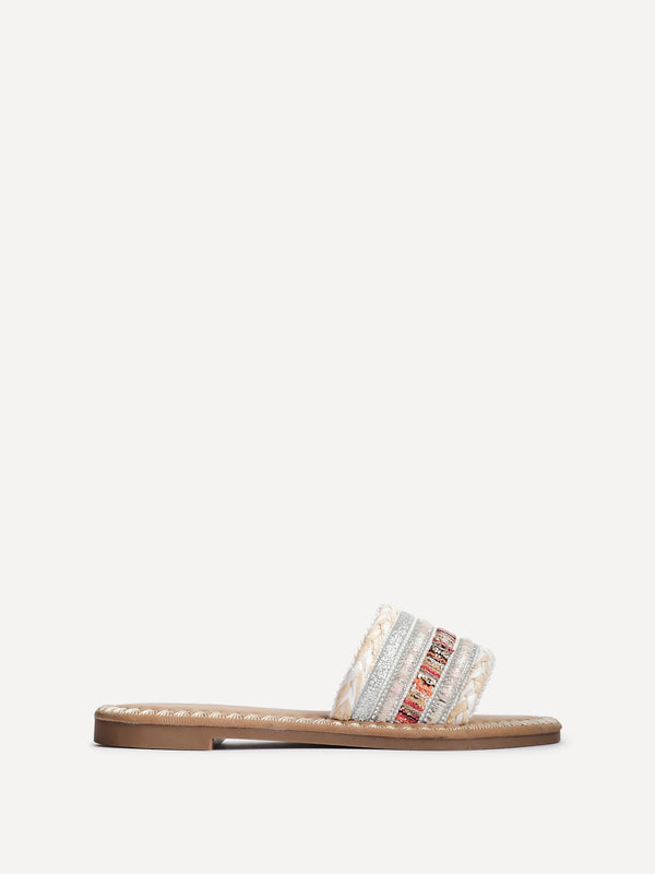 Linzi White Multi Woven Embellished Flat Sandals