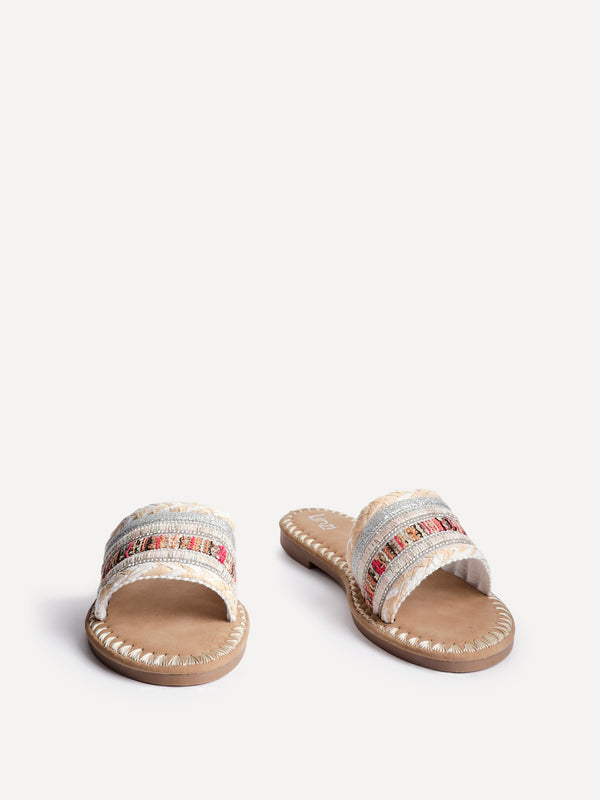 Linzi White Multi Woven Embellished Flat Sandals