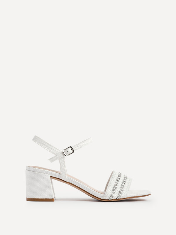 Linzi White Raffia Diamante Block Heeled Sandal