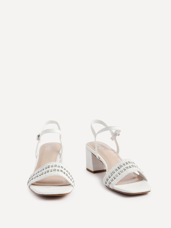 Linzi White Raffia Diamante Block Heeled Sandal