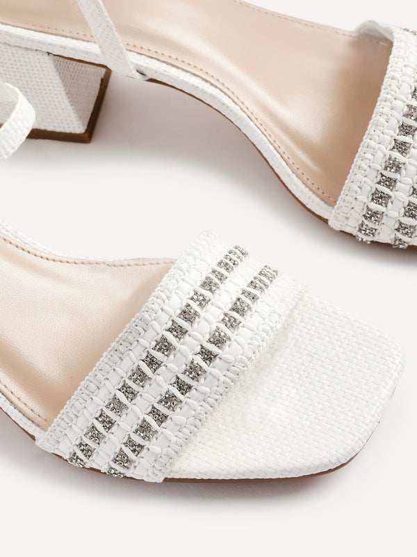 Linzi White Raffia Diamante Block Heeled Sandal