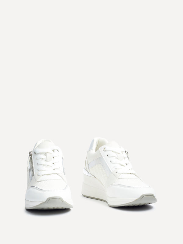 Linzi White & Silver Wedged Trainer With Zip Detail