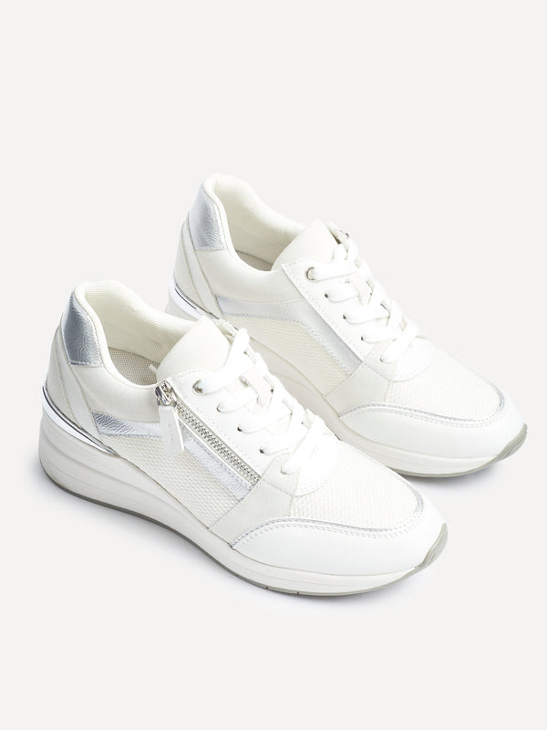 Linzi White & Silver Wedged Trainer With Zip Detail