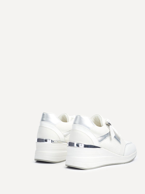 Linzi White & Silver Wedged Trainer With Zip Detail