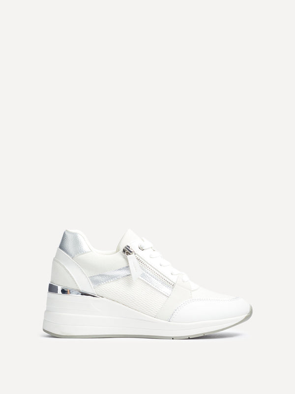 linzi White & Silver Wedged Trainer With Zip Detail