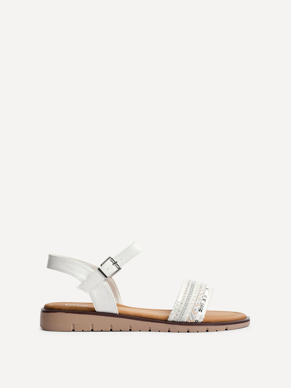 Linzi White Weaved Embellished Flat Sandals
