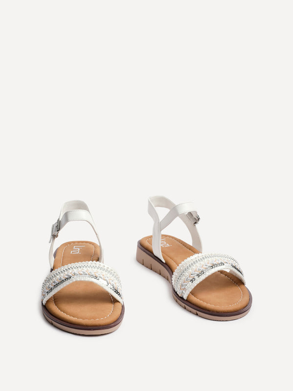 Linzi White Weaved Embellished Flat Sandals