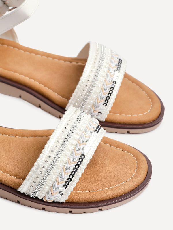 Linzi White Weaved Embellished Flat Sandals