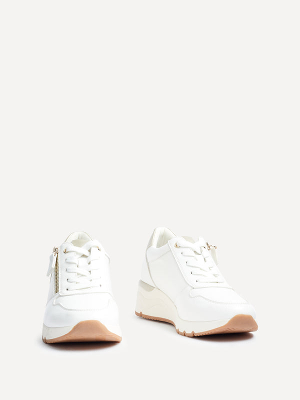 Linzi White Wedge Trainer With Mesh & Zip Detail