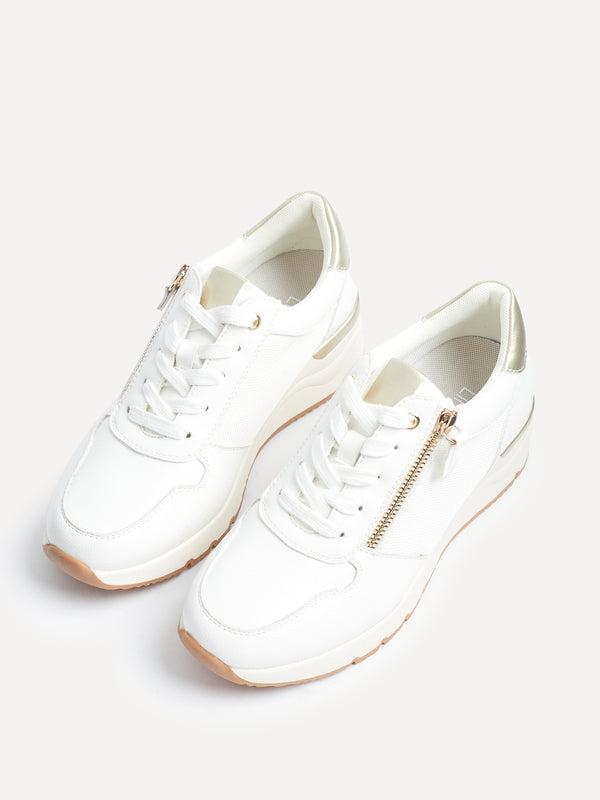 Linzi White Wedge Trainer With Mesh & Zip Detail