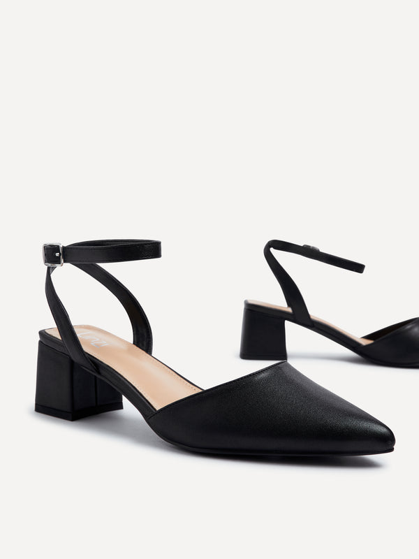 Linzi Wide Fit Black Faux Leather Court Heel