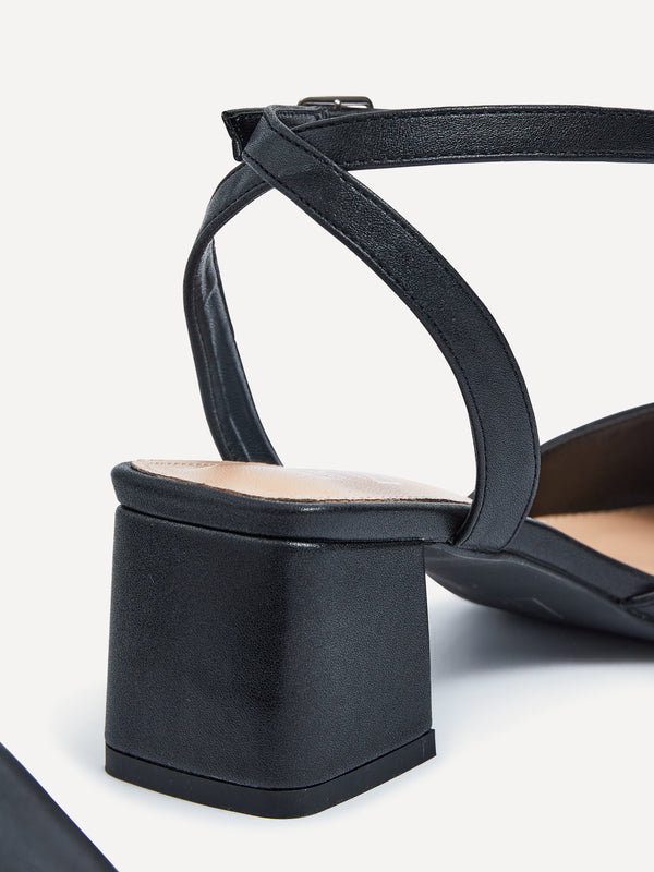 Linzi Wide Fit Black Faux Leather Court Heel