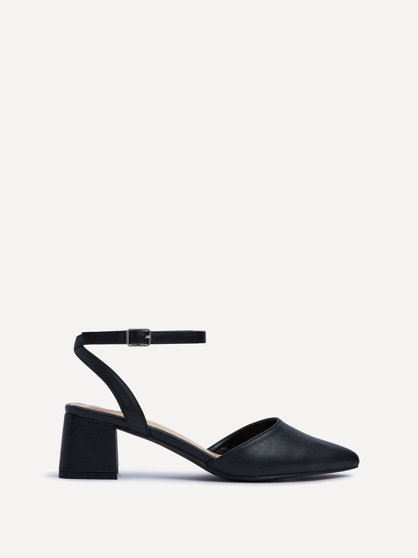 linzi Wide Fit Black Faux Leather Court Heel