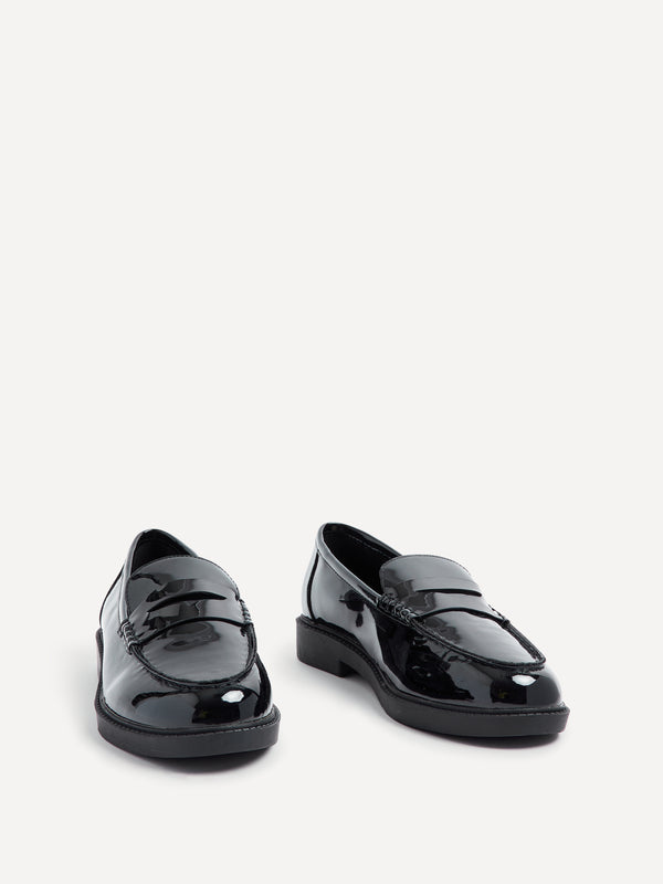 Linzi Wide Fit Black Patent Loafer With Front Tab
