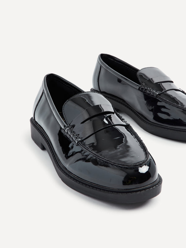 Linzi Wide Fit Black Patent Loafer With Front Tab