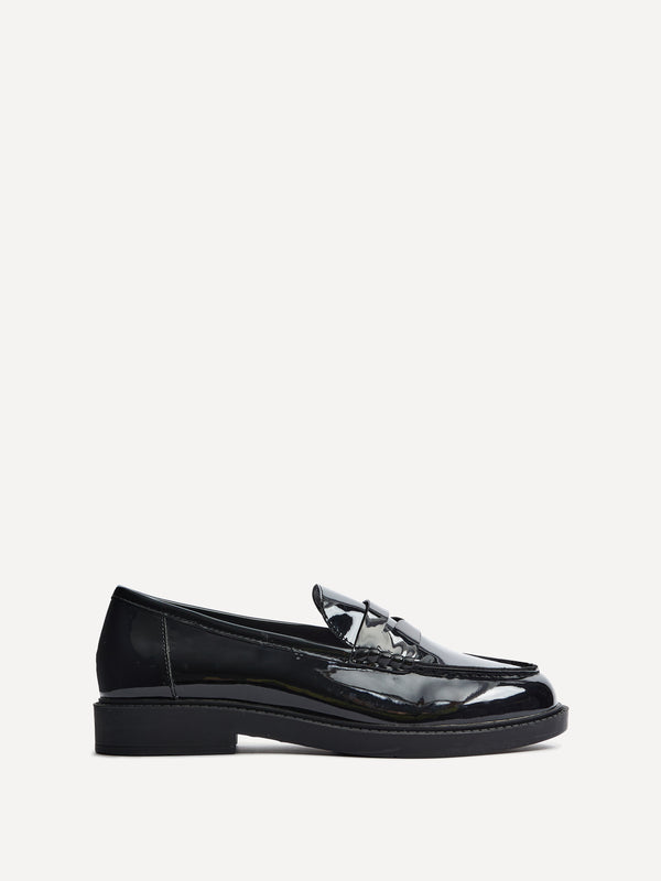 linzi Wide Fit Black Patent Loafer With Front Tab