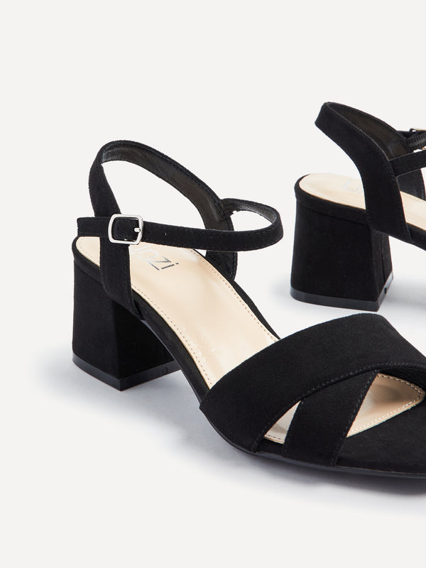 Linzi Wide Fit Black Suede Block Heeled Sandals