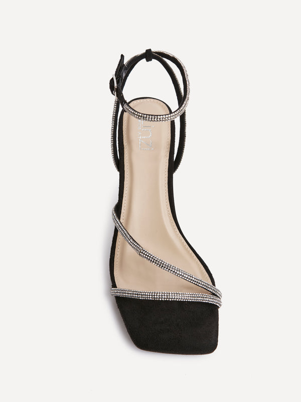 Linzi Wide Fit Black Suede Diamante Heeled Sandal