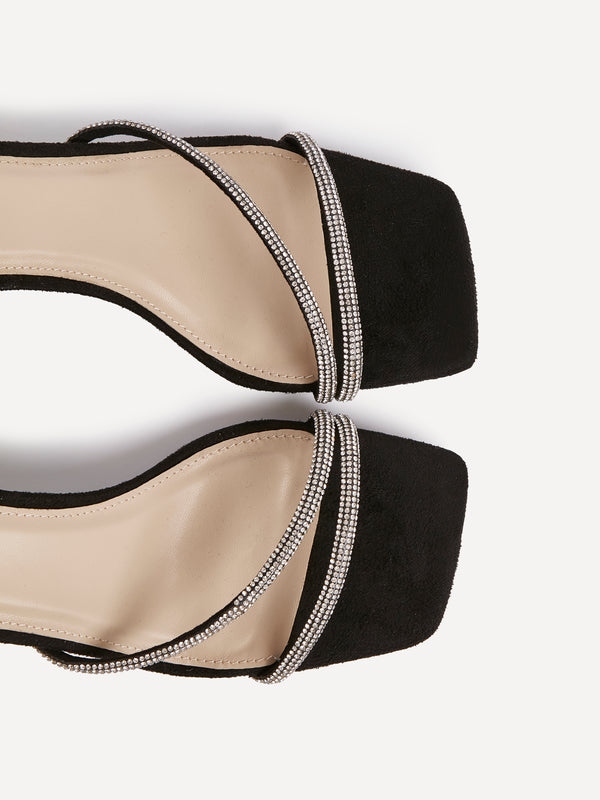 Linzi Wide Fit Black Suede Diamante Heeled Sandal