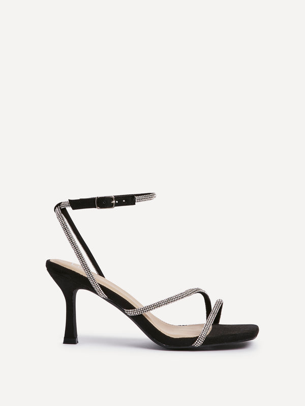 linzi Wide Fit Black Suede Diamante Heeled Sandal