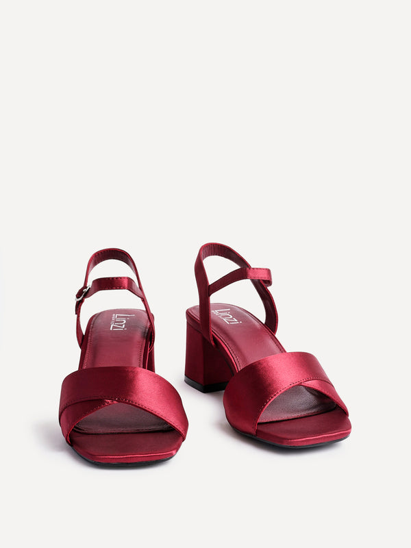 Linzi Wide Fit Burgundy Satin Block Heeled Sandals