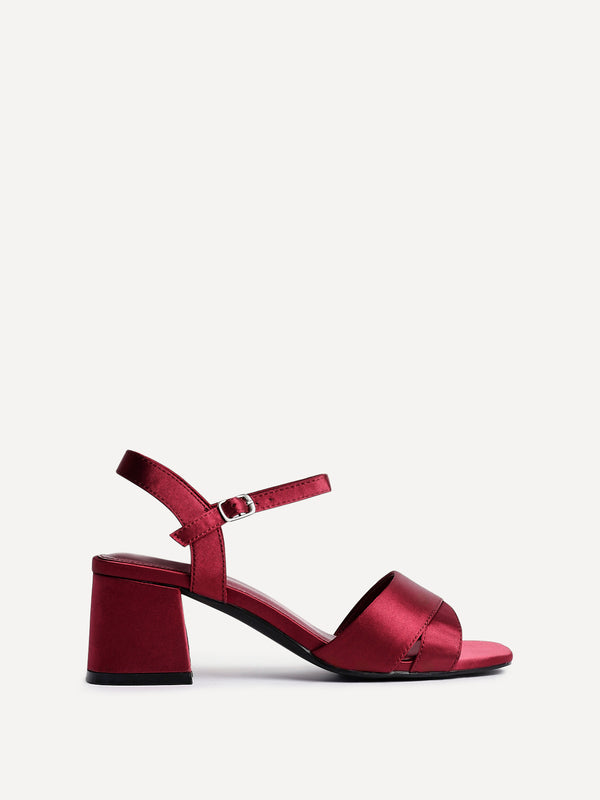 Linzi Wide Fit Burgundy Satin Block Heeled Sandals